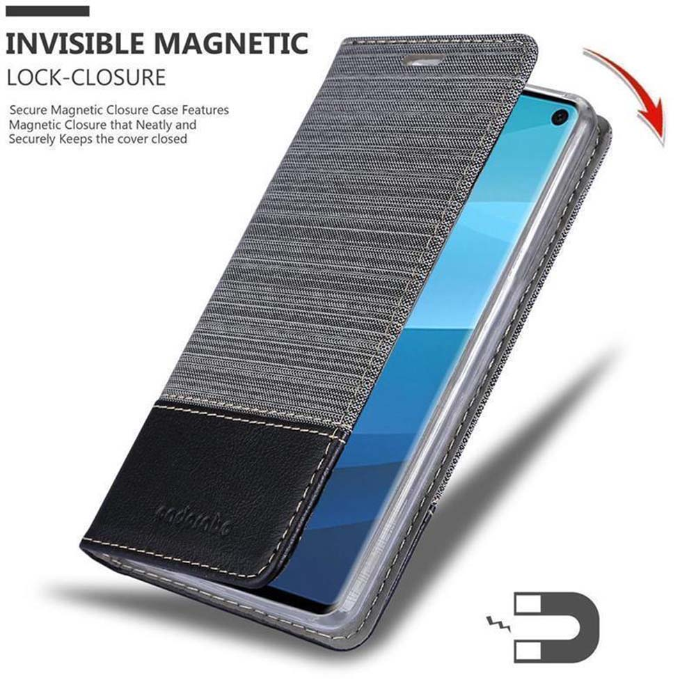 Custodia grigia per telefono con accento in pelle nera, chiusura magnetica.