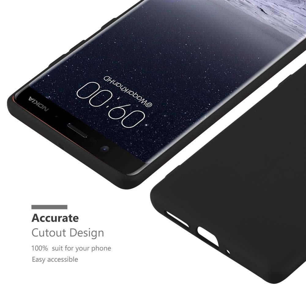 Schwarze Handyhülle neben einem Nokia-Telefon mit angezeigter Uhrzeit.