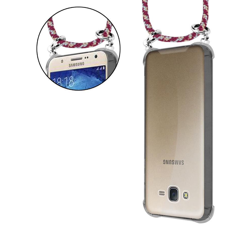 Ein Samsung-Smartphone mit einer Schnur zum Aufhängen, vorne und hinten gezeigt.