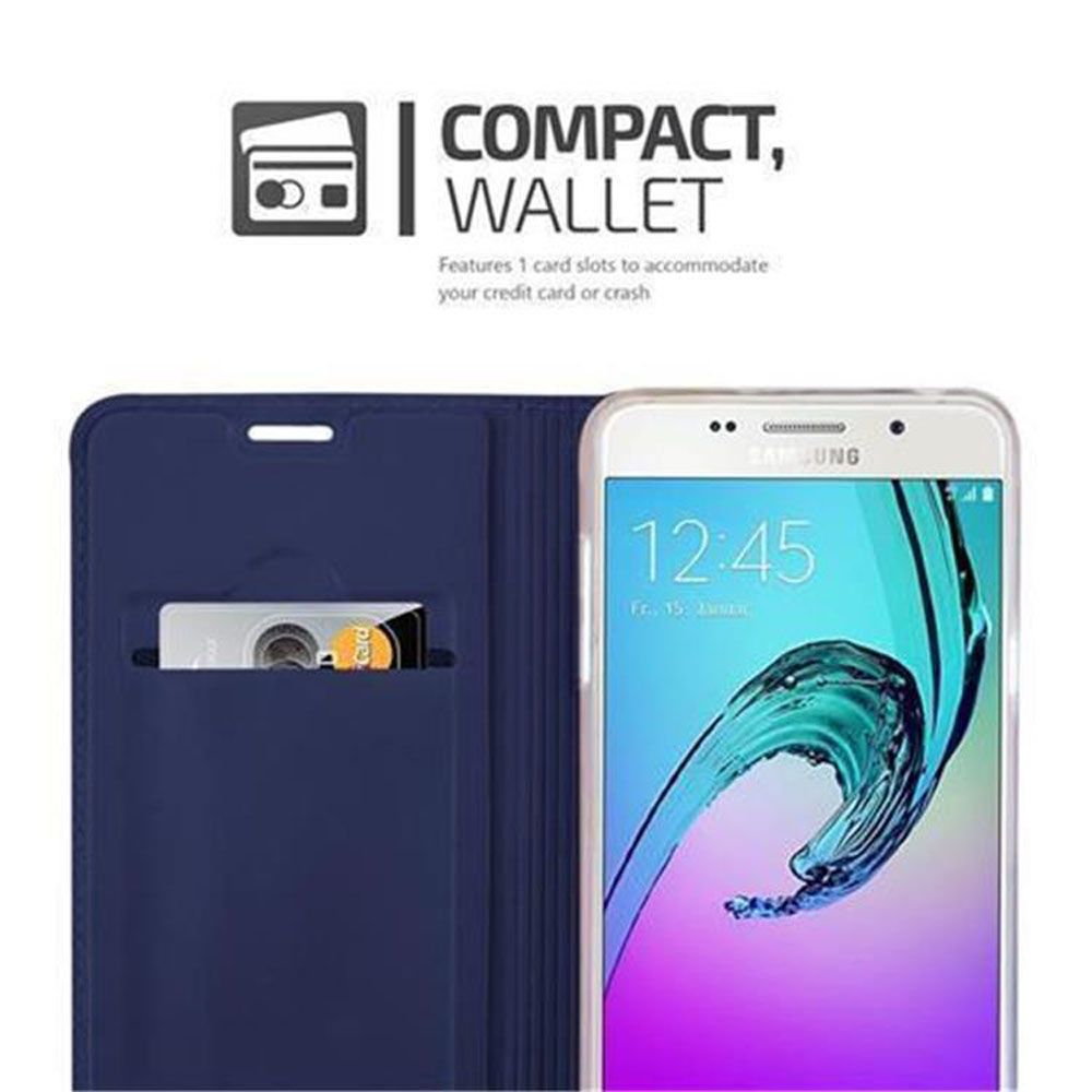Portafoglio blu scuro con uno slot per carte e uno smartphone.