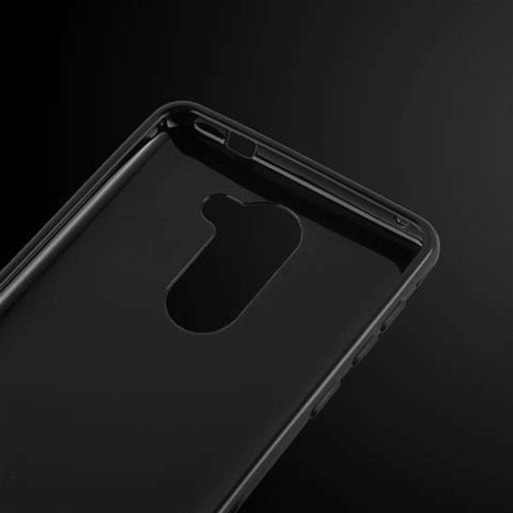 Custodia nera per telefono con ritagli per fotocamera e pulsanti.