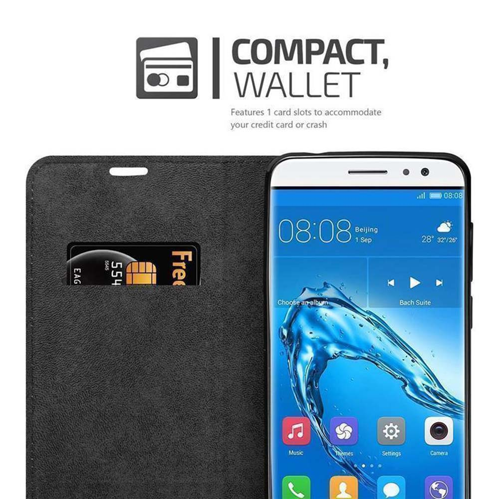 Portafoglio nero con slot per carte e smartphone che mostra la schermata principale.