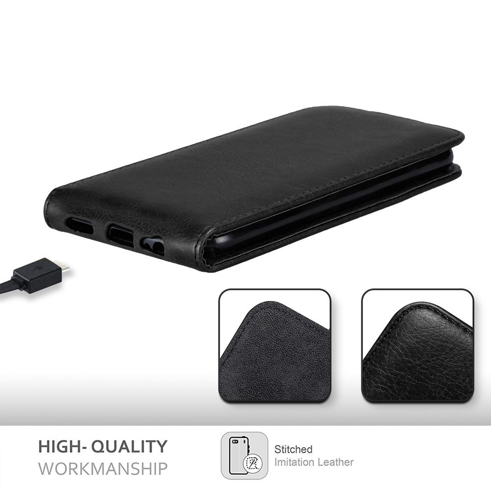 Custodia per telefono in pelle nera con cavo USB e viste dettagliate.