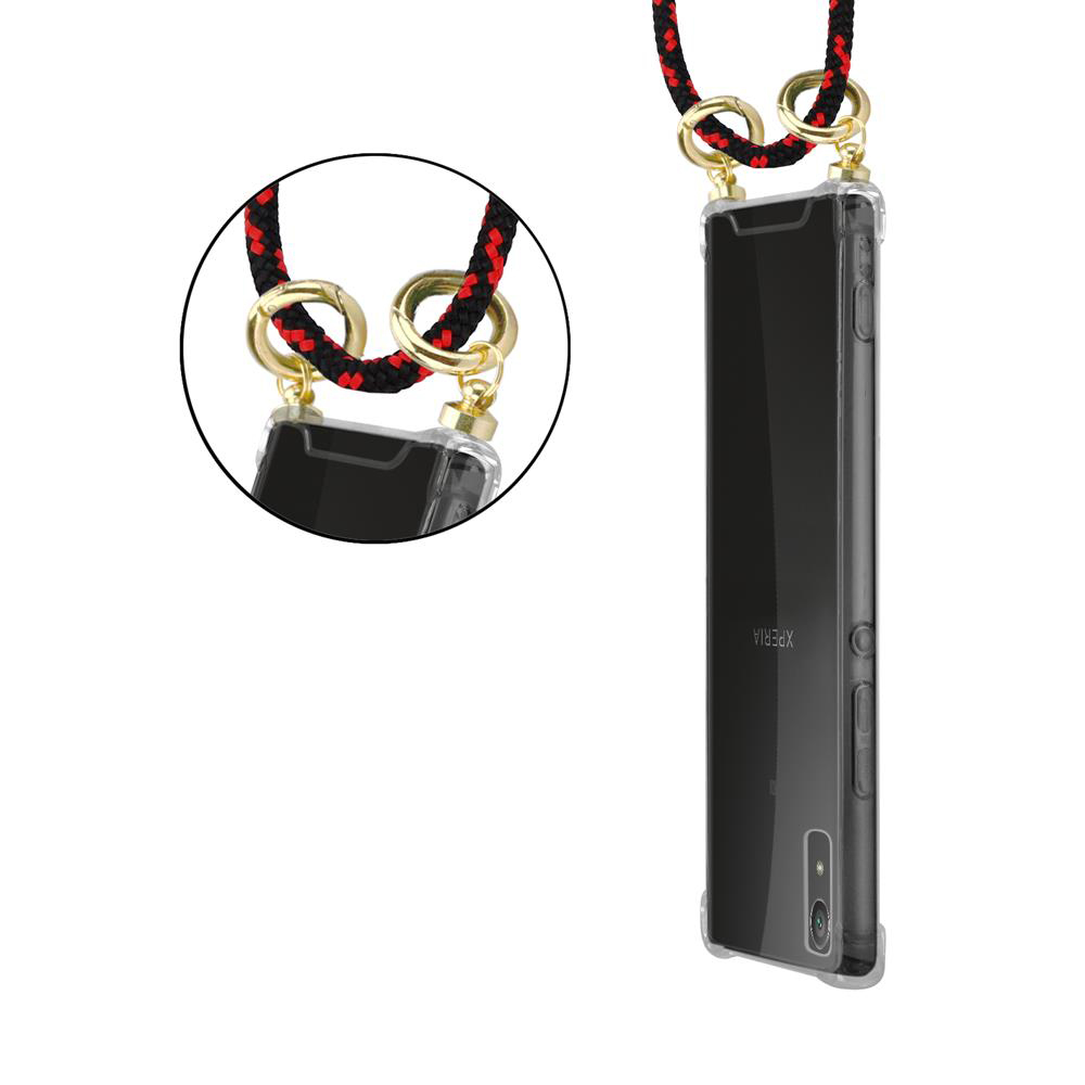 Ein Smartphone mit transparentem Gehäuse und Lanyard mit schwarzen und roten Akzenten.