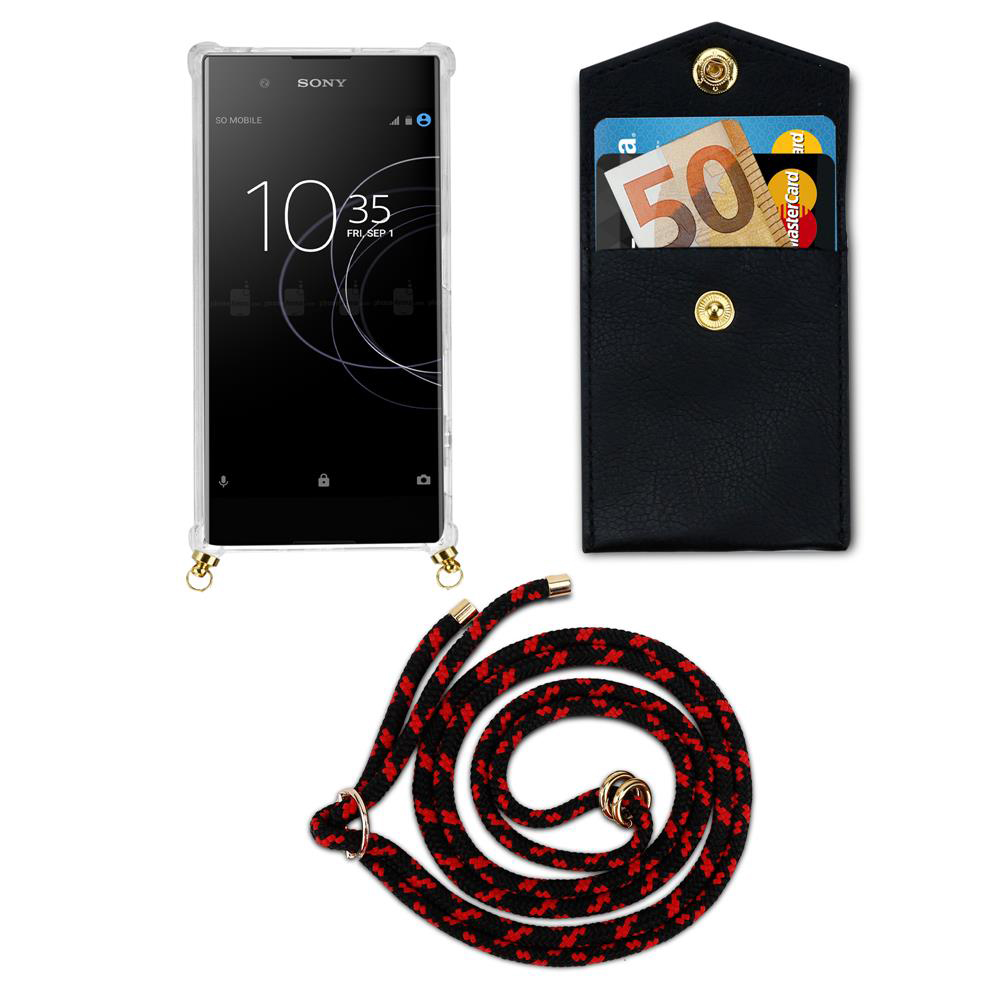 Ein Sony-Smartphone mit Hülle, Geldbörse und Lanyard auf weißem Hintergrund.
