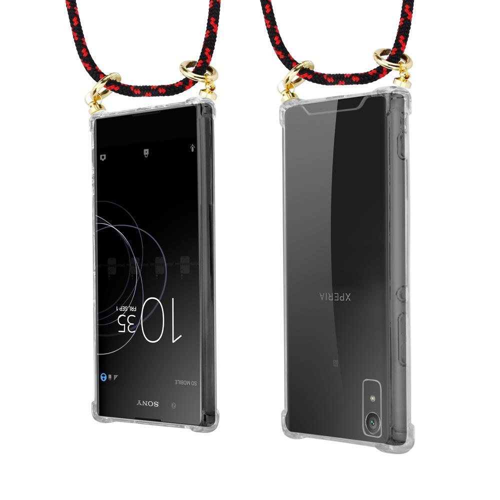 Zwei Smartphones in transparenten Hüllen mit roten und schwarzen Lanyards.
