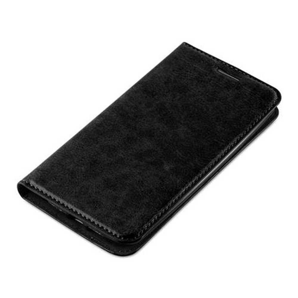 Una custodia a flip nera per smartphone, su sfondo bianco.
