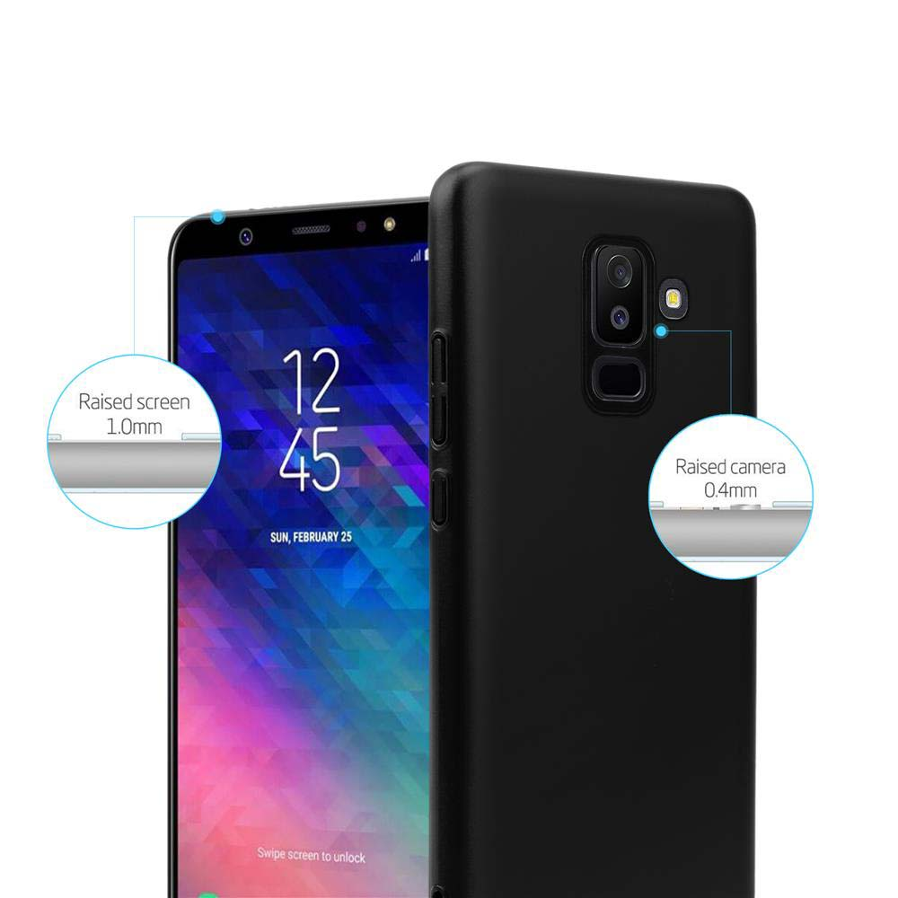 Ein schwarzes Handy mit einer Hülle, das eine erhöhte Bildschirm- und Kamerafunktion zeigt.