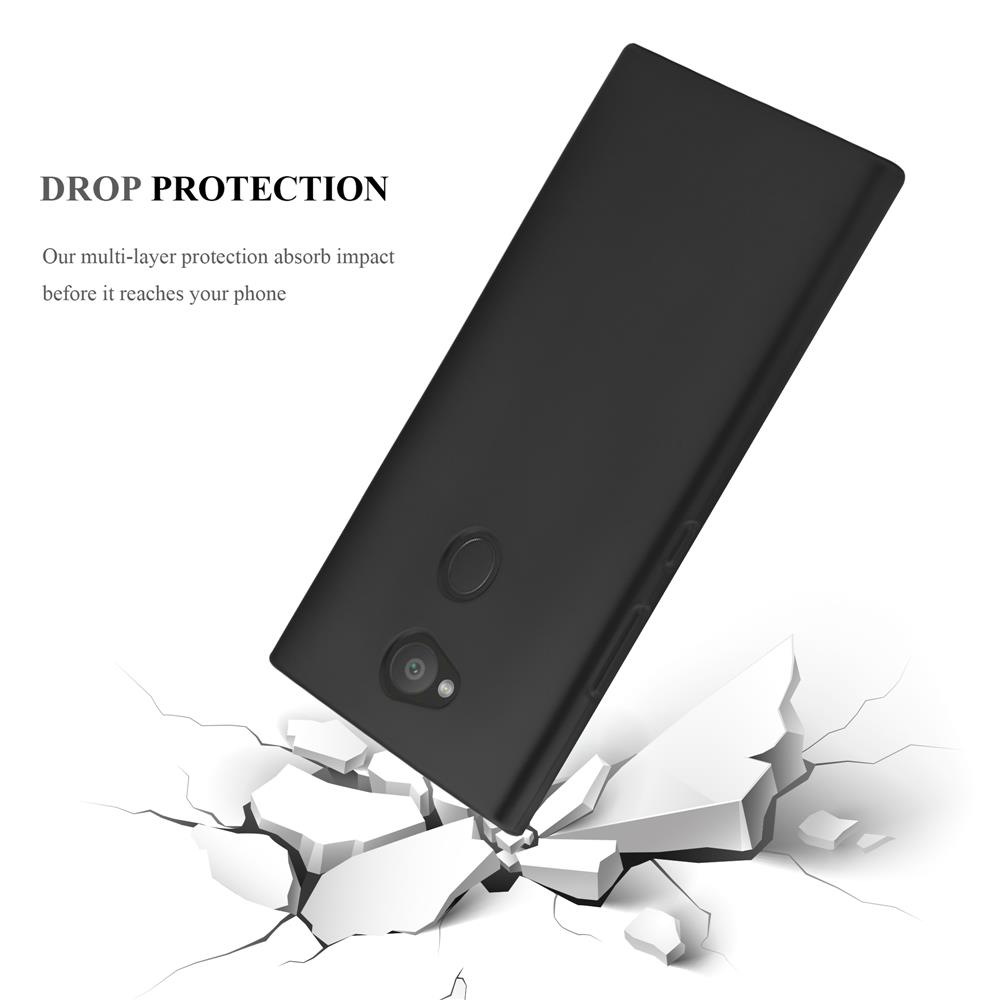 Telefono nero che cade su terreno crepato con testo 'DROP PROTECTION'.