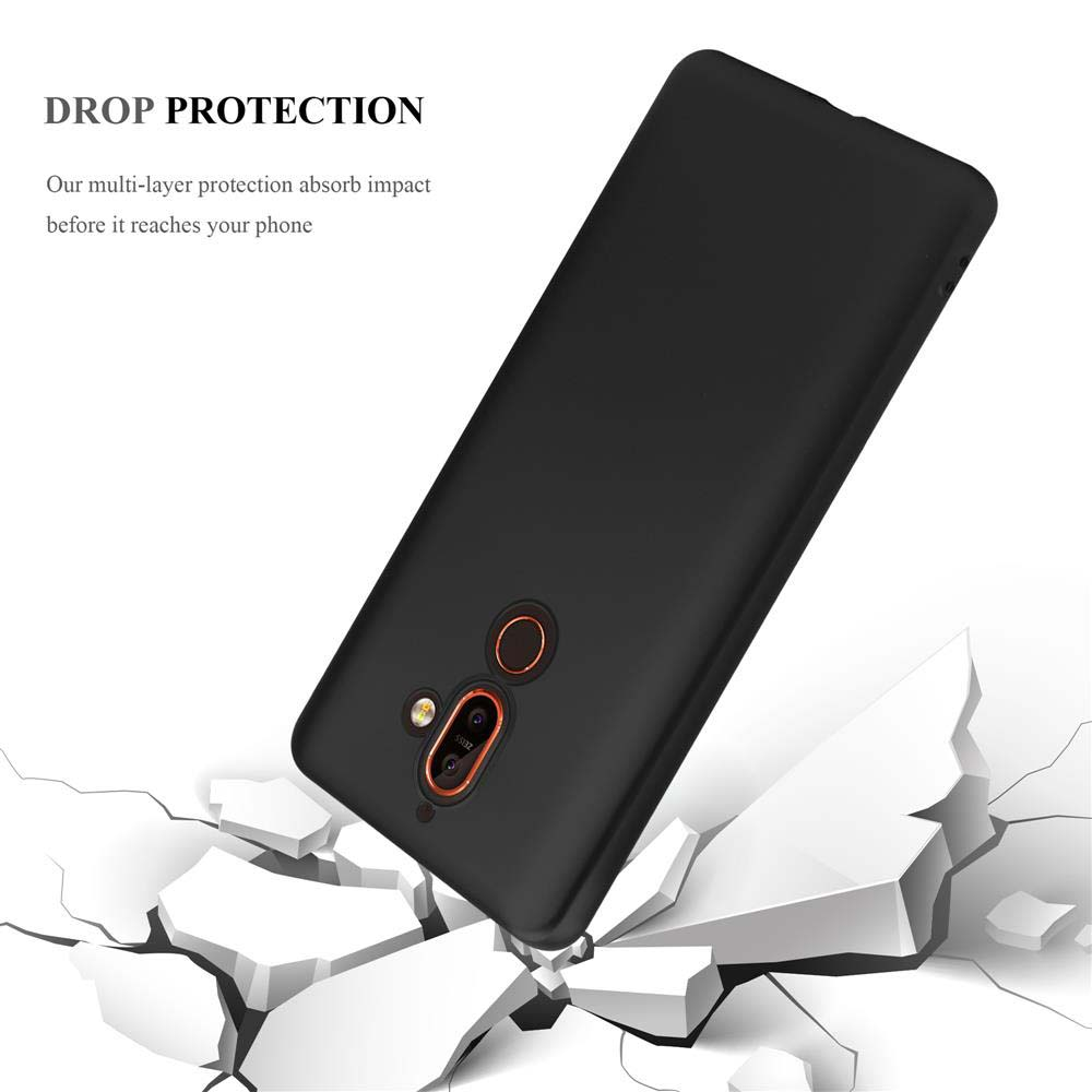 Schwarze Handyhülle fällt auf rissige weiße Oberfläche. Text: DROP PROTECTION.