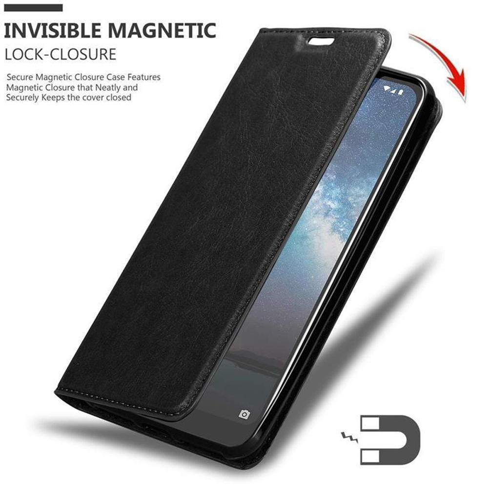Schwarzes Handyhülle mit magnetischem Verschluss, das sich öffnet.