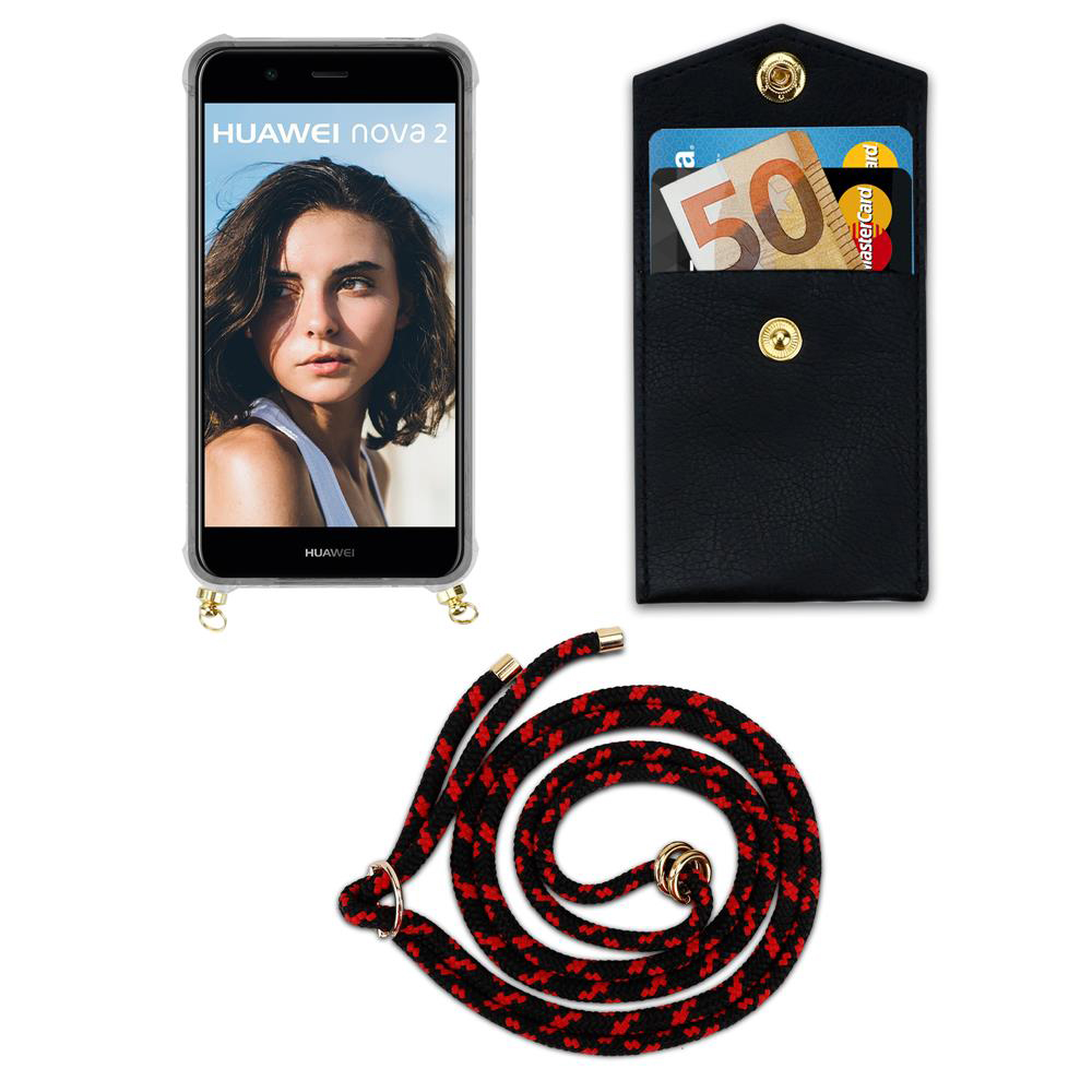Custodia in pelle nera con tasche per carte, telefono e cordino su sfondo bianco.