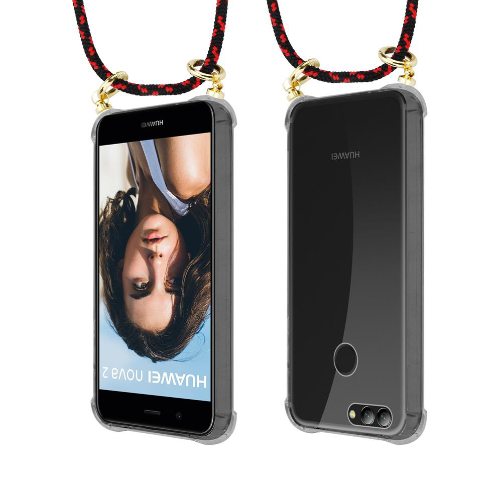 Due telefoni Huawei Nova 2 in custodie trasparenti con cordini.