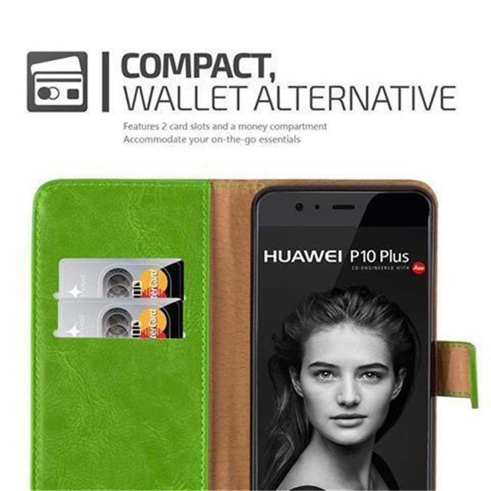 Grüne Brieftaschenhülle mit 2 gezeigten Karten. Telefon zeigt Huawei P10 Plus.