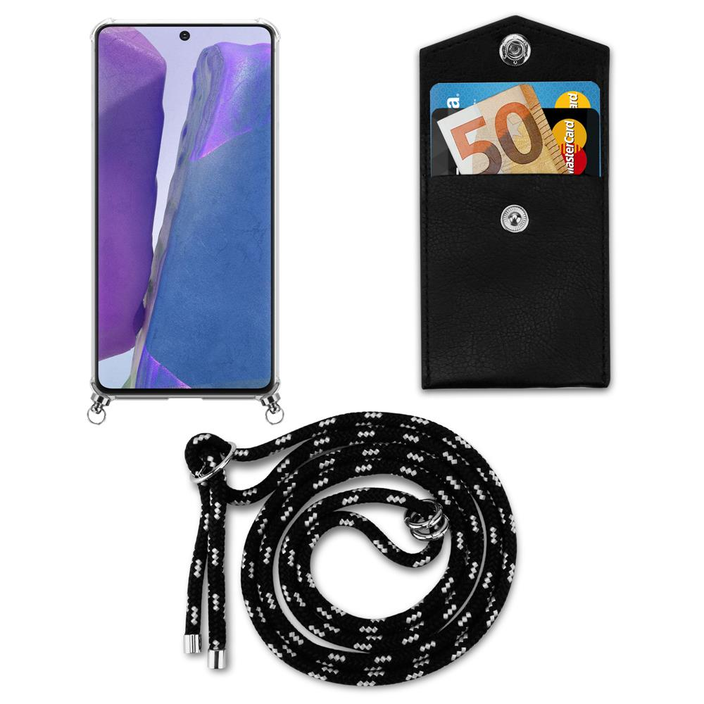 Smartphone con custodia trasparente, porta carte nero con banconota da 50 euro e cordino nero.