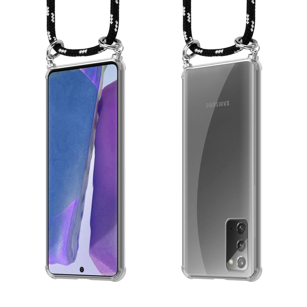 Smartphone in custodia trasparente con cordino nero su entrambi i lati.