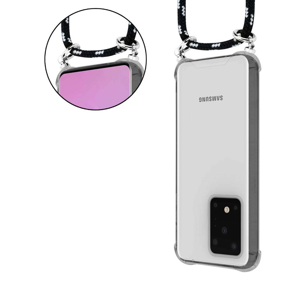 Una custodia trasparente per telefono con un cavo nero attaccato a un telefono Samsung.