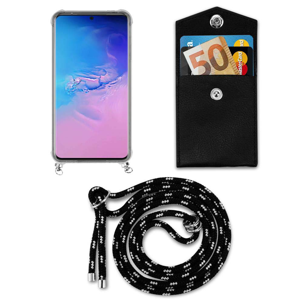 Smartphone con custodia, portafoglio con banconota da 50 euro e laccio.