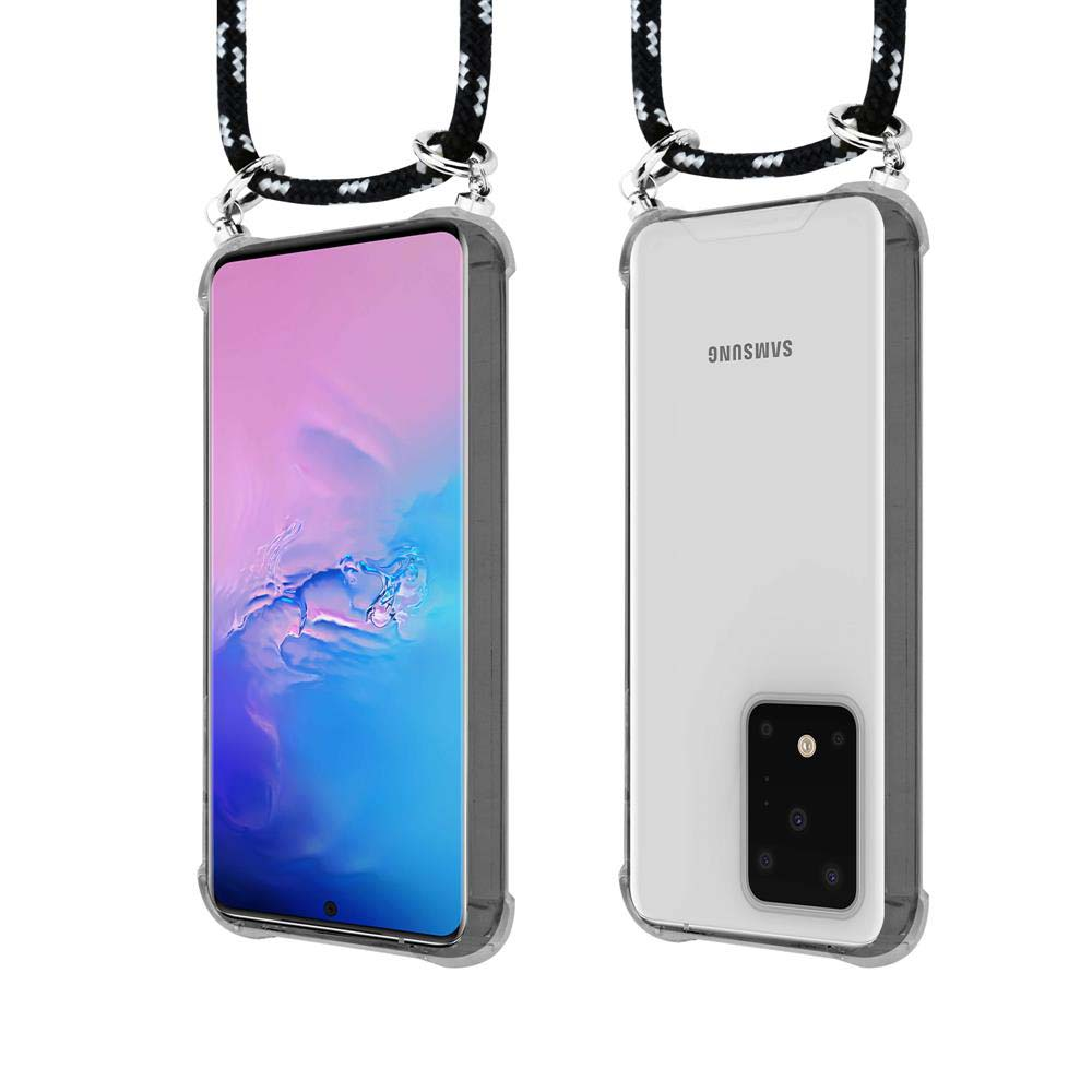 Due smartphone Samsung in custodie trasparenti con cordini neri.
