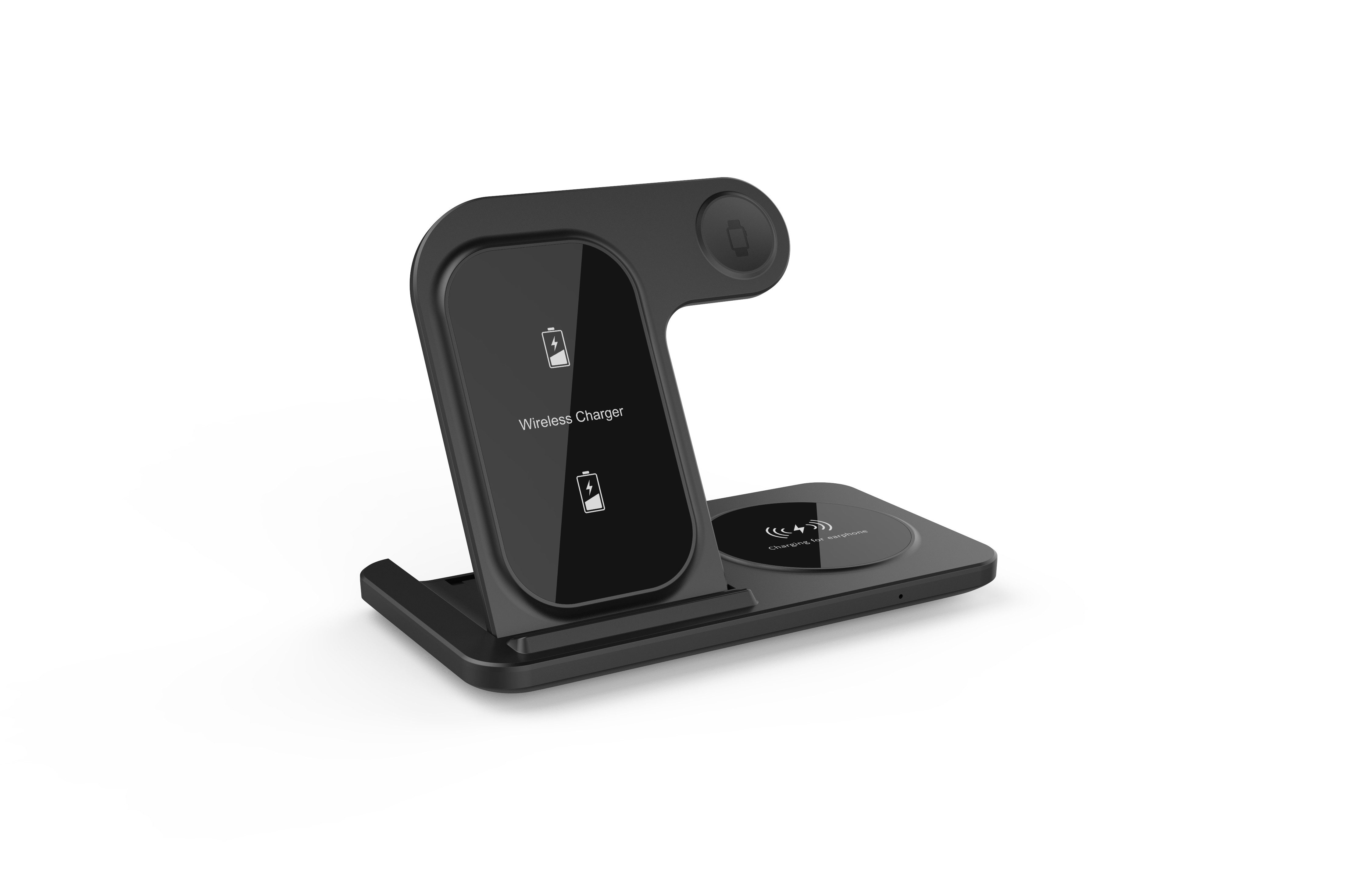 Un caricabatterie wireless nero per telefono e auricolari.