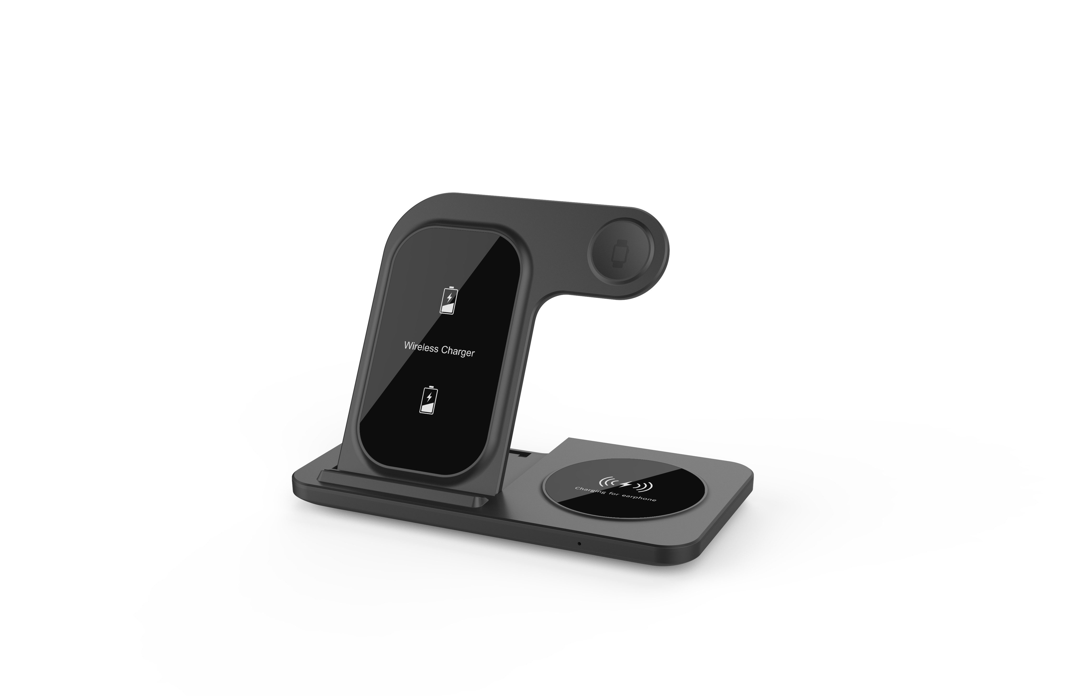 Un caricabatterie wireless nero con due pad di ricarica per smartphone e auricolari.