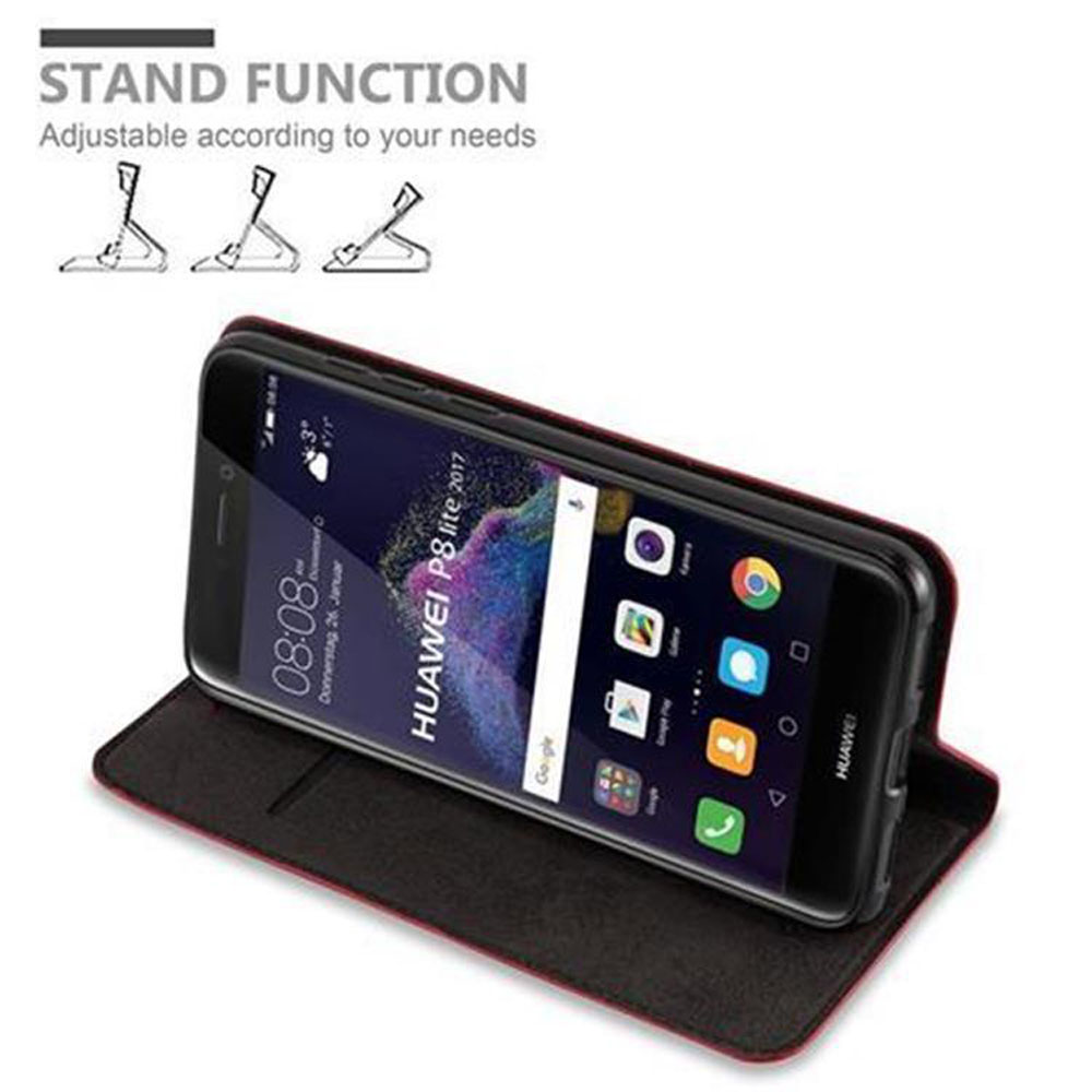 Uno smartphone Huawei P8 lite 2017 in una custodia rossa con funzione stand.