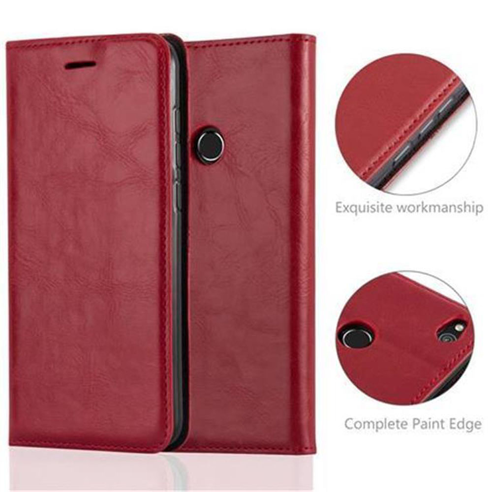 Custodia rossa in pelle per telefono, vista chiusa e aperta.