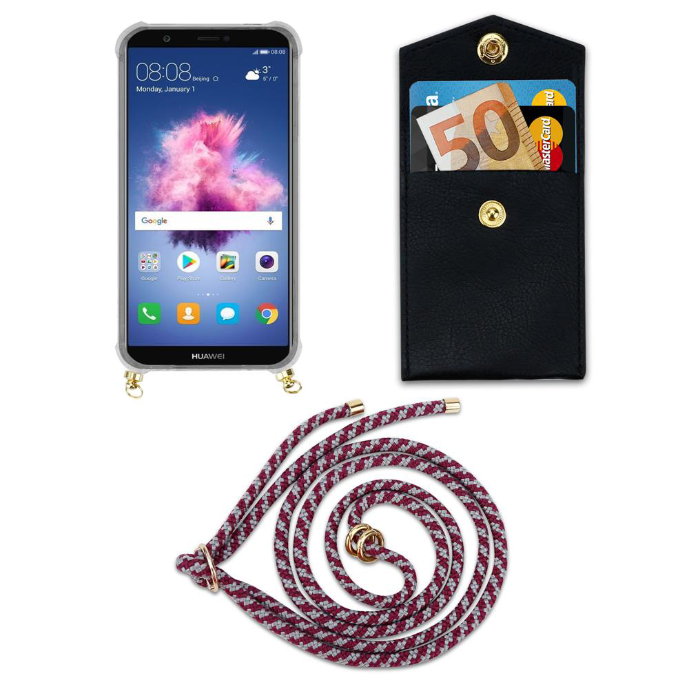 Uno smartphone, un portafoglio nero con banconote e carte, e un cordino.