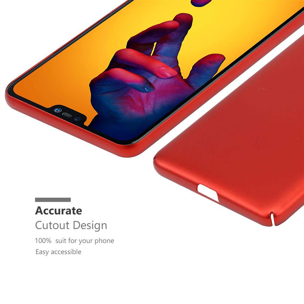 Custodia rossa accanto a uno smartphone con mano. Design preciso.