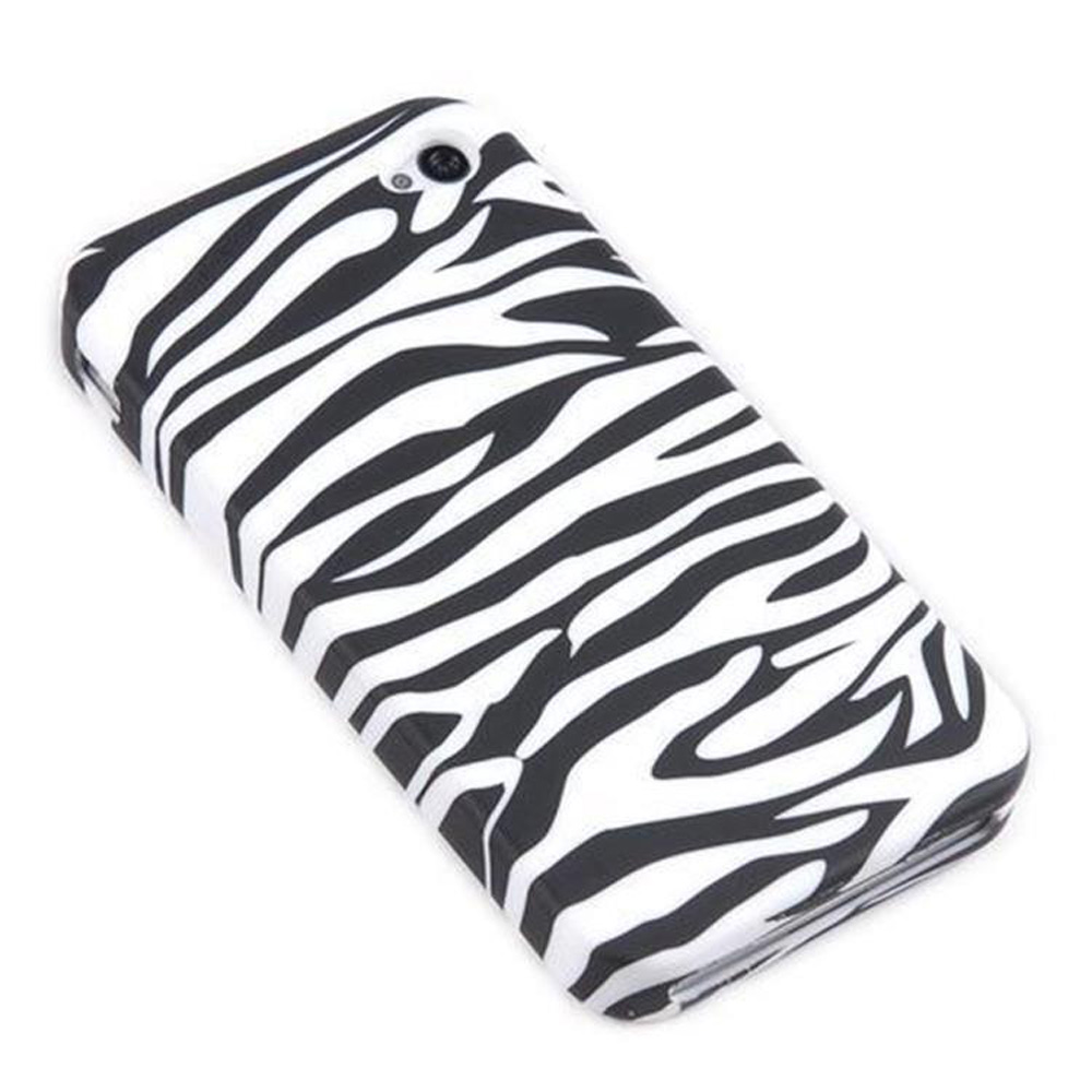 Ein weißes Handycover mit schwarzem Zebra-Muster.