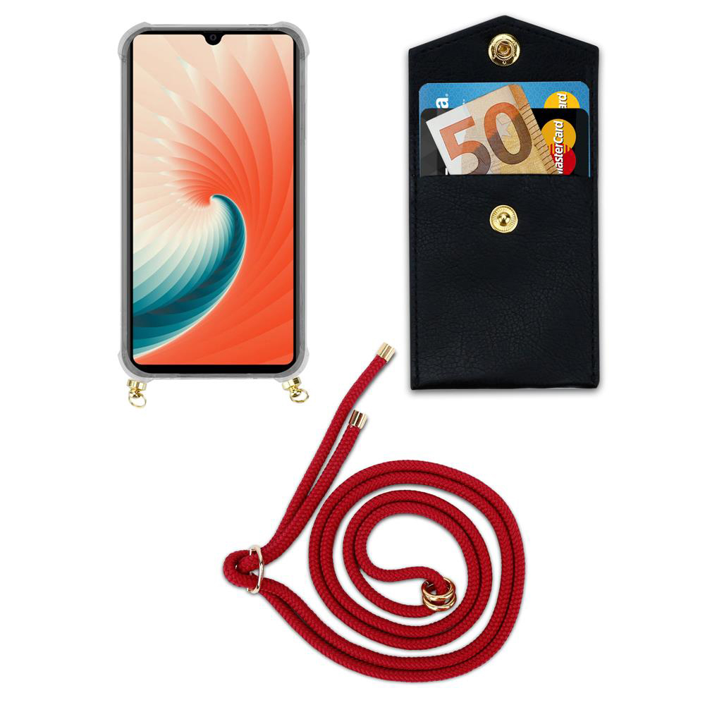Smartphone con custodia, portafoglio con carte e banconota da 50 euro, cordino rosso.
