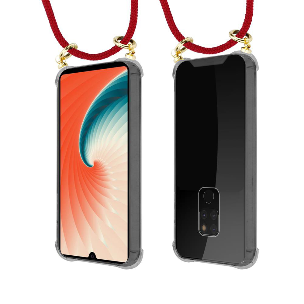 Due smartphone in custodie con cinturino rosso, uno mostra schermo, l'altro retro.