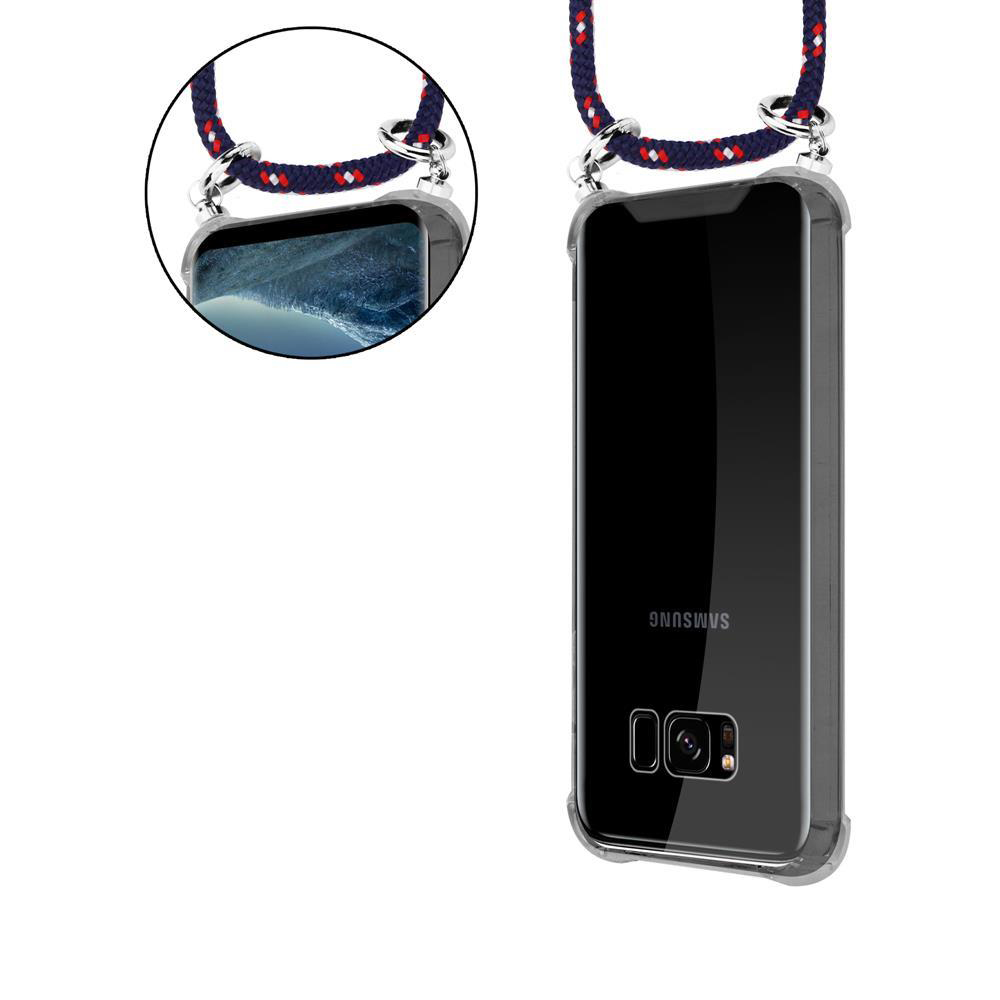 Schwarzes Samsung-Handy in durchsichtiger Hülle mit Lanyard, Nahaufnahme.