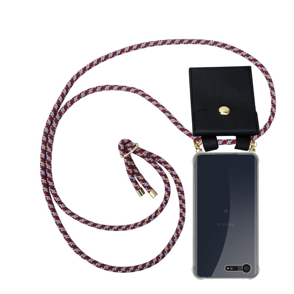 Funda de teléfono con tarjetero negro y cordón burdeos y beige.