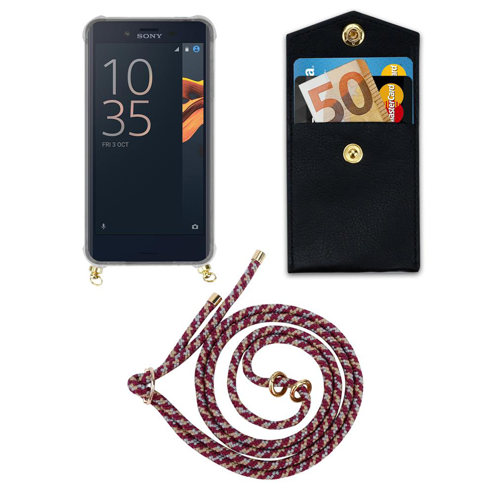 Teléfono Sony en funda transparente, tarjetero negro con efectivo y tarjeta, y cordón burdeos enrollado.