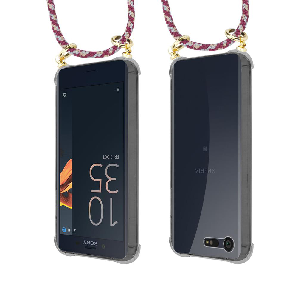 Un smartphone en una funda con cordón, vista frontal y trasera.
