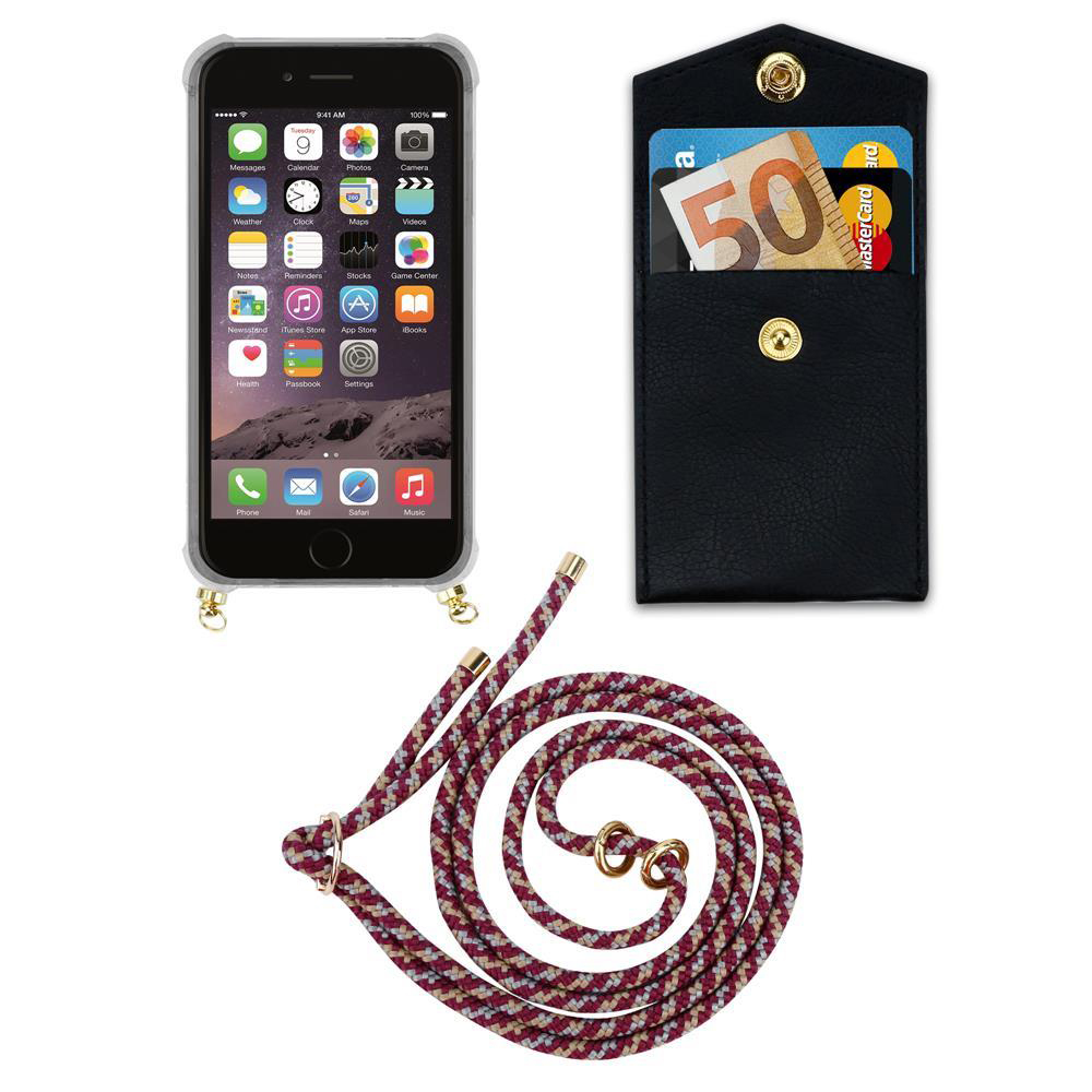 Uno smartphone in custodia, portafoglio nero con carte e contanti, e un cordino.