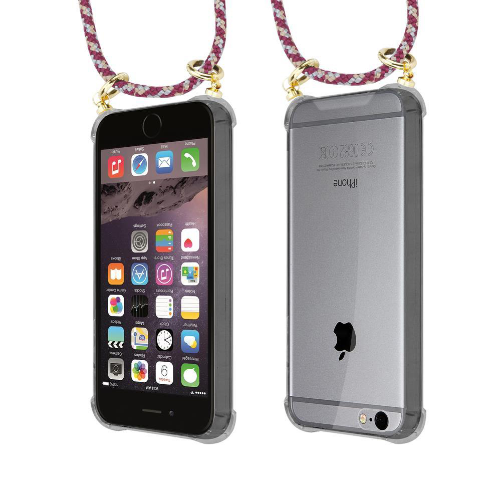 Due iPhone con lacci: uno frontale, uno posteriore.