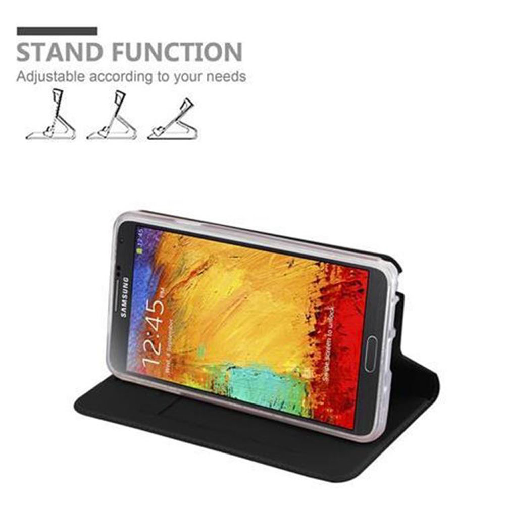 Samsung-Telefon in schwarzer Hülle mit Standfunktion und bunten Hintergrundbild.