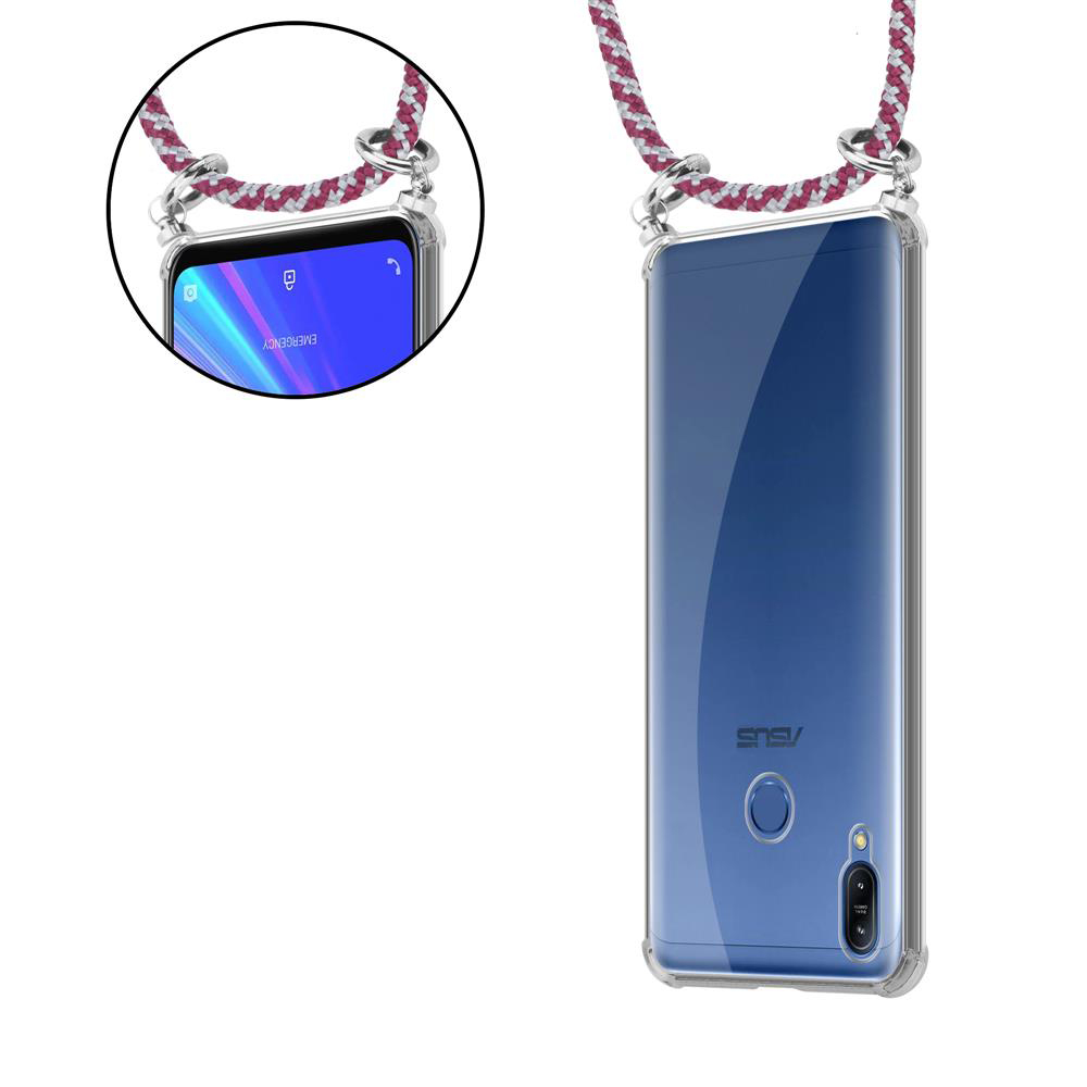 Ein durchsichtiger Handykoffer mit Lanyard und einem dunklen Telefon mit Notfallanzeige.