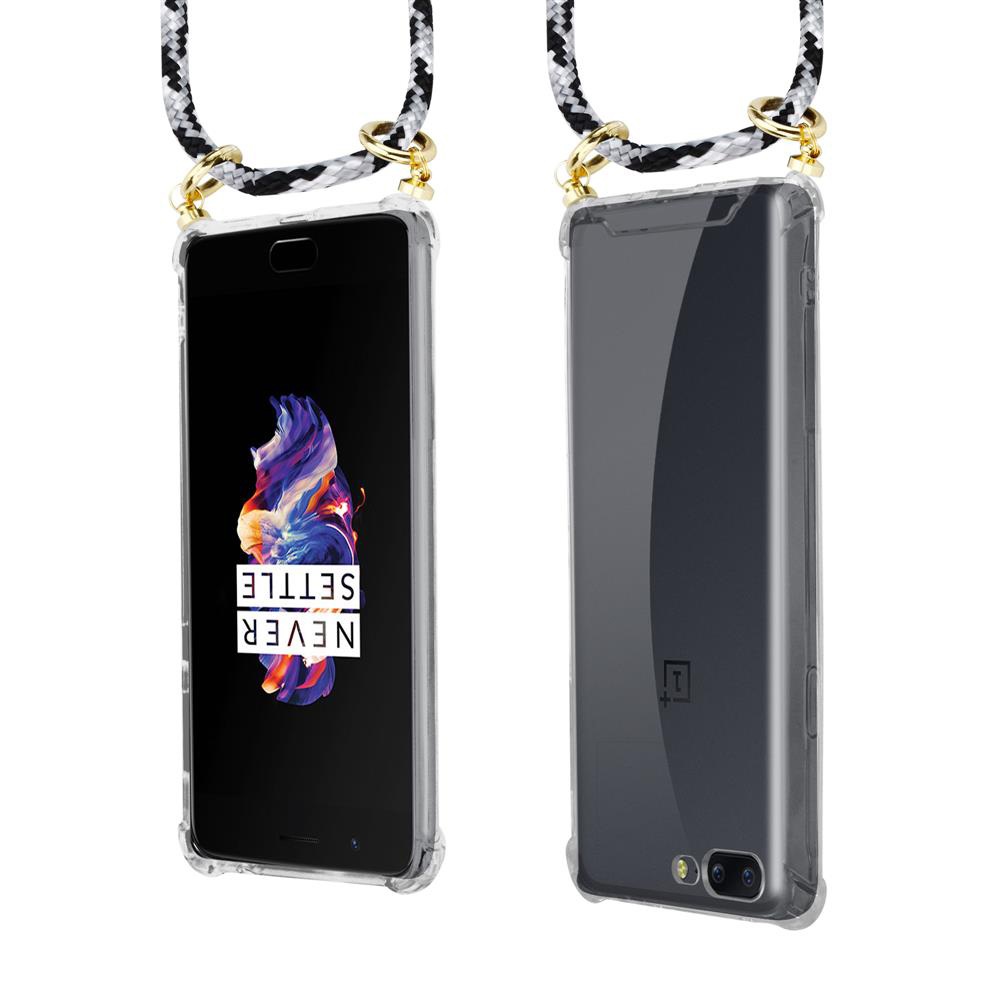 Ein Smartphone mit durchsichtigem Gehäuse und Lanyard, Vorder- und Rückseite.