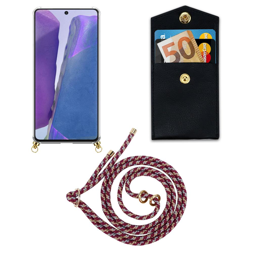 Uno smartphone in custodia trasparente, una tasca nera con soldi e carte e un cordino.