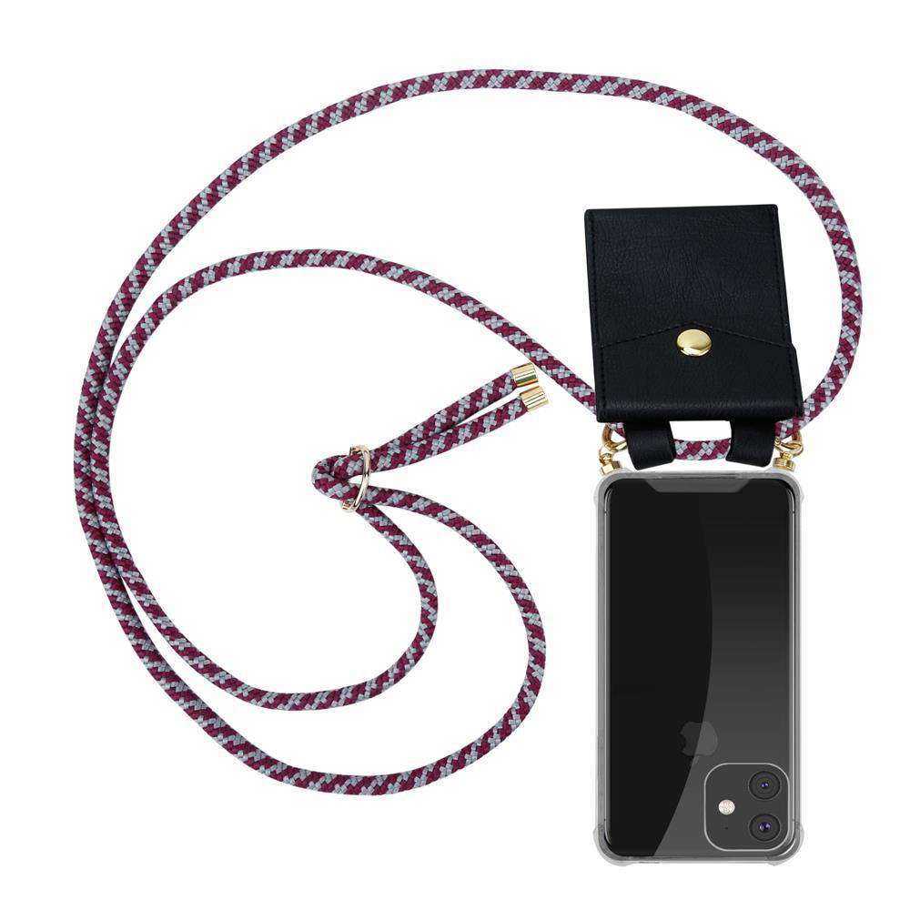 Un telefono con cordino e porta-badge nero.