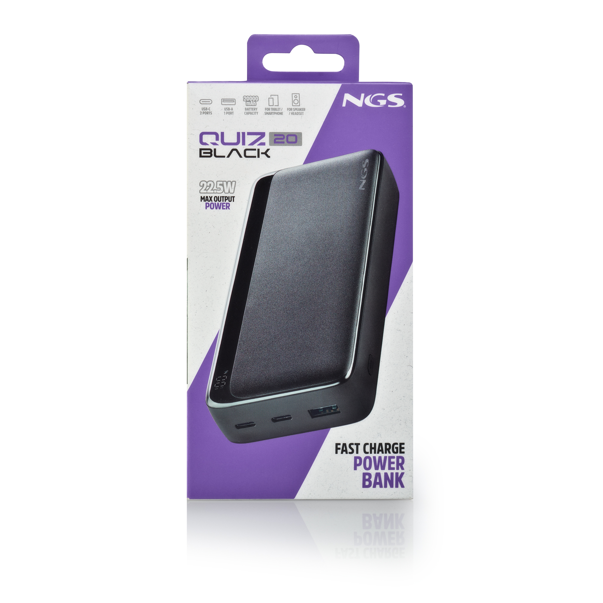 Empaque de power bank NGS Quiz 20 negro con detalles de puerto de carga.