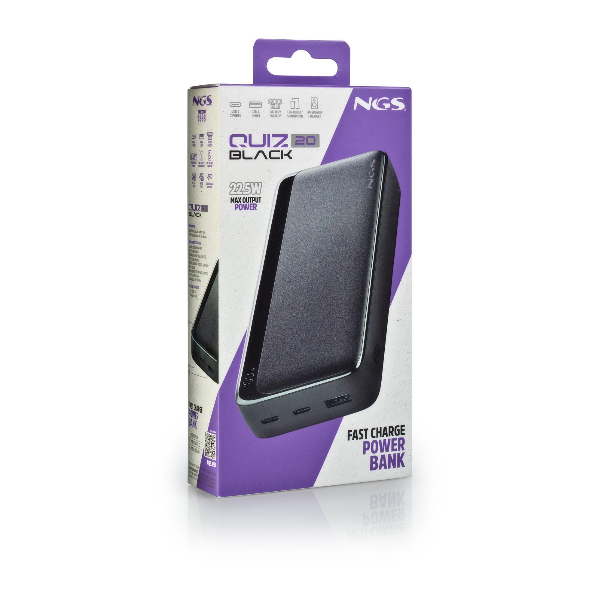 Empaque de power bank NGS QUIZ 20 negra con 20000mAh y salida de 22.5W.