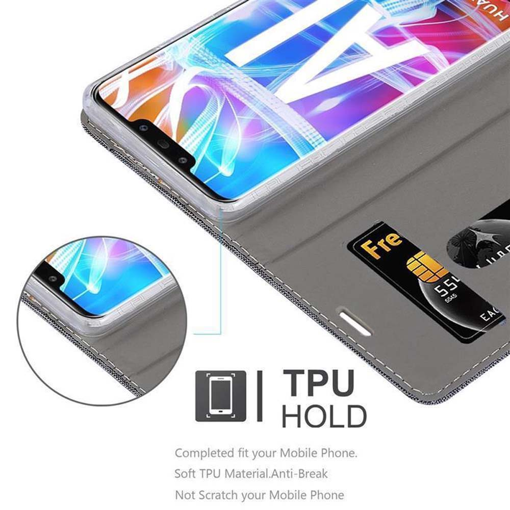 Graue Handyhülle mit Kartenfächern und einem Smartphone mit buntem Display.