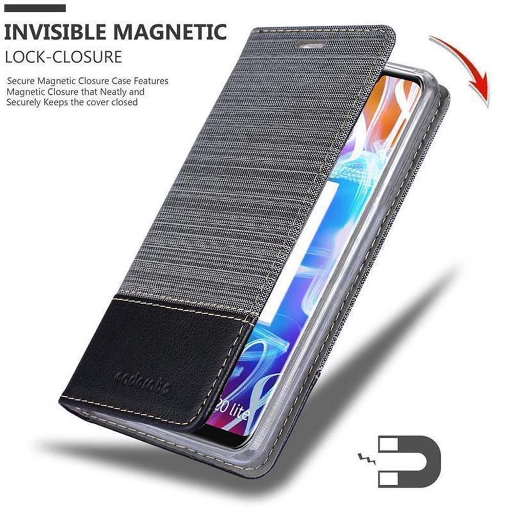 Graue Handyhülle mit schwarzem Lederakzent, magnetisch verschließbar.