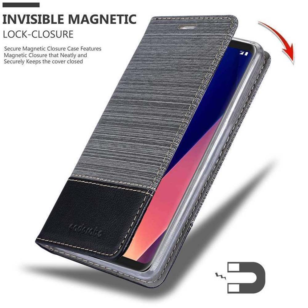 Graue Handyhülle mit schwarzem Lederakzent und Magnetverschluss.