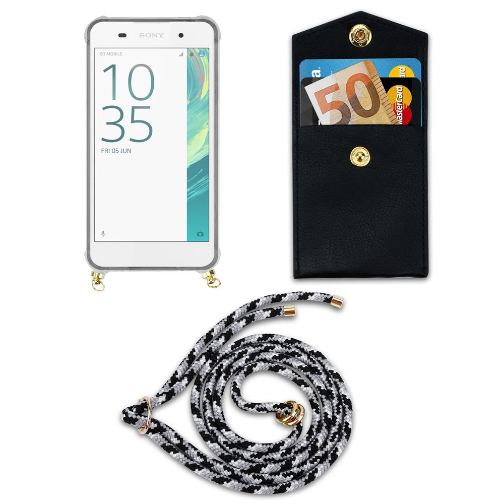 Sony Smartphone mit Hülle, Portemonnaie mit Geld und Karten, und Lanyard.
