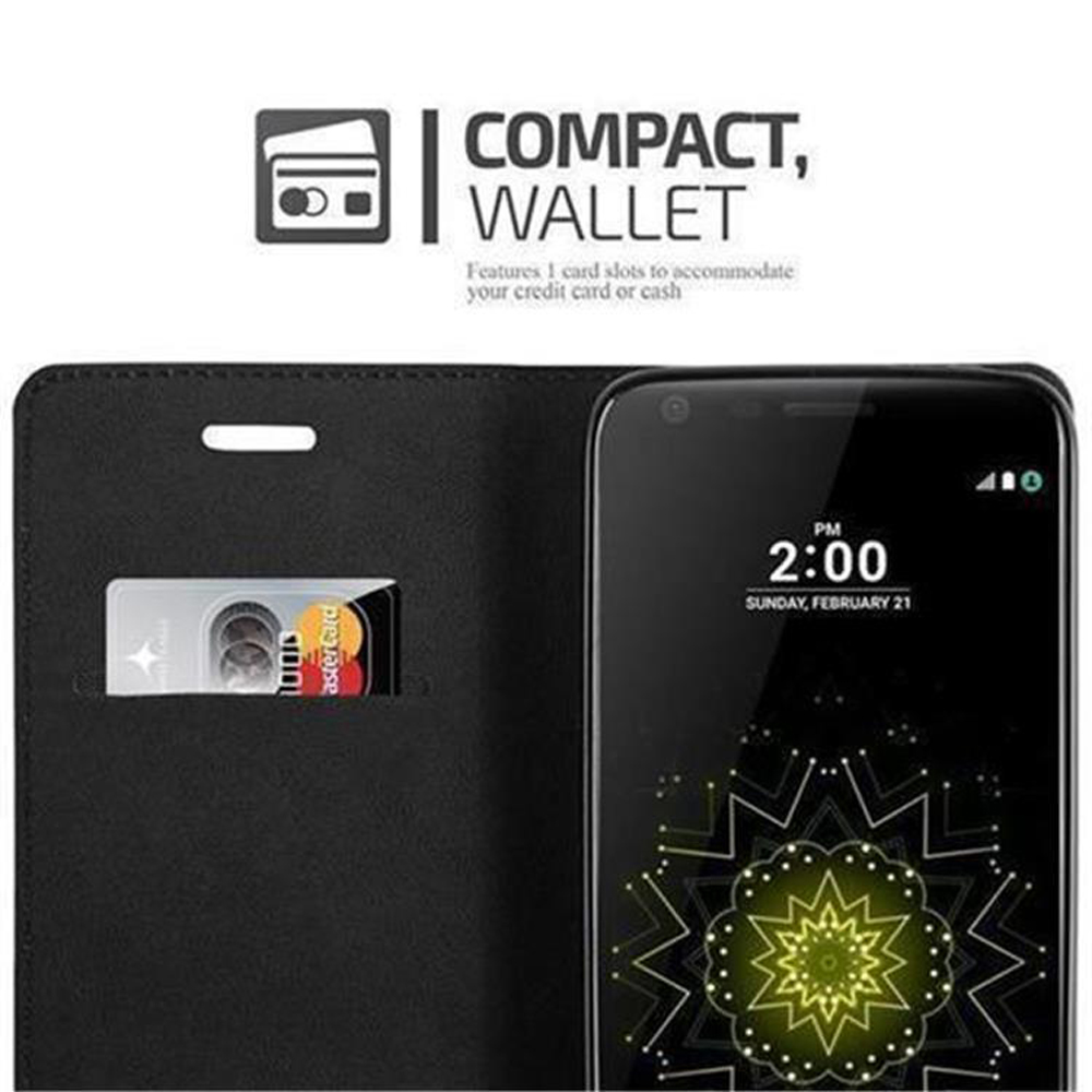 Schwarzes Wallet-Case mit einer Karte und einem Smartphone mit 2:00 Uhr.